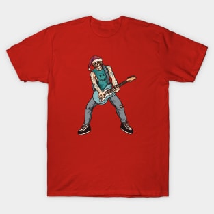 Rocker Skeleton with Guitar and Santa Hat T-Shirt